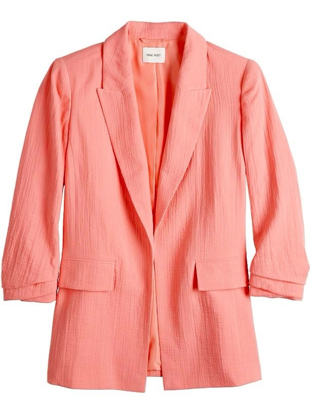 NWT Nine West Ruched Sleeve Gauze Blazer XL Cruz Coral Open Front Cotton Jacket